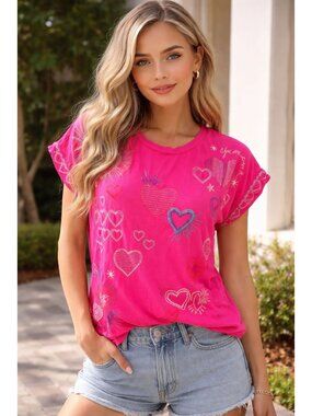 Johnny Was Amour embroidered short sleeve tee in pink Size S Bohemian City Chic